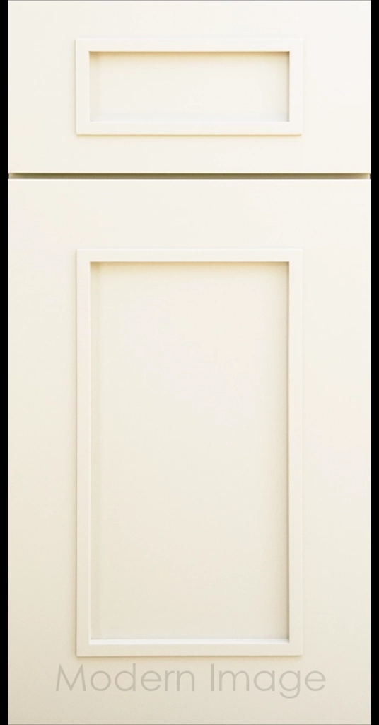 Gilbert cabinet a recessed flat panel and elevated molding in Vanilla matte finish.